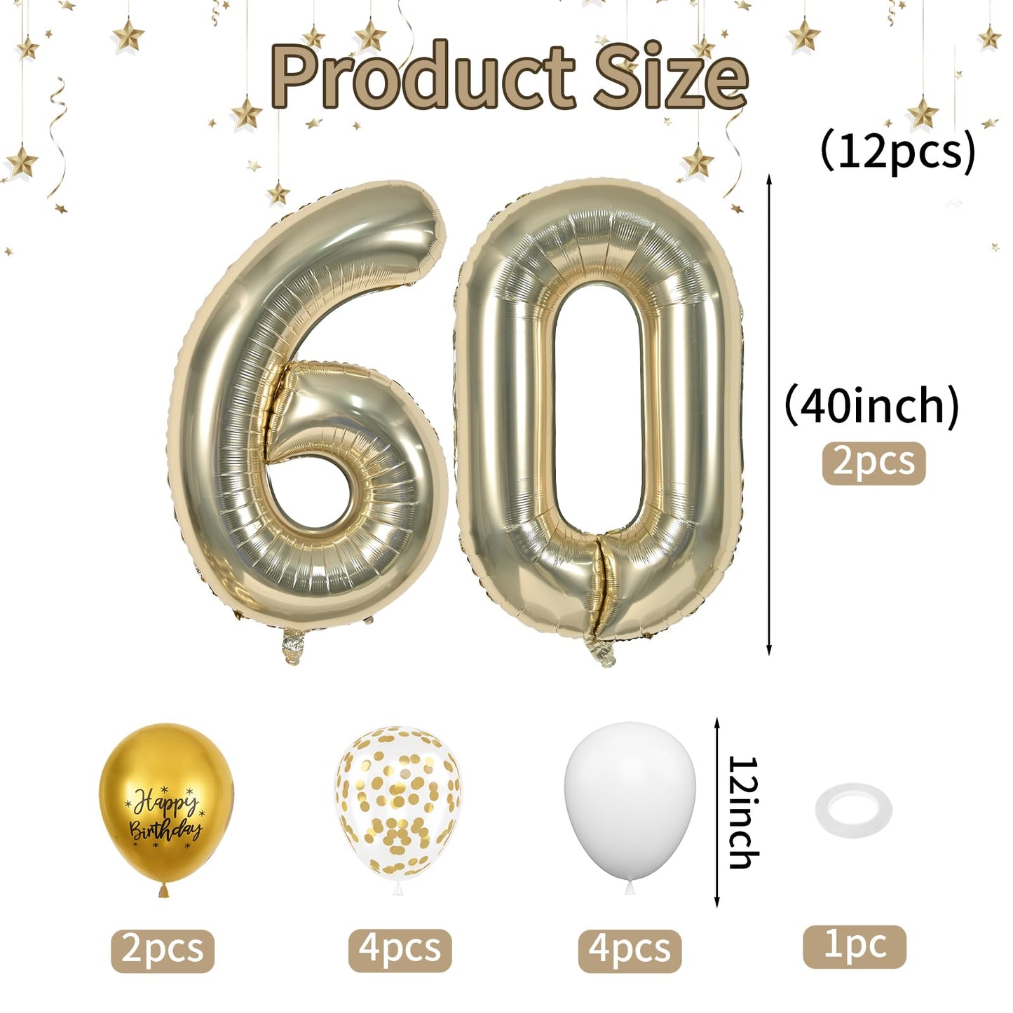 FunHot 40-Inch Light Gold Balloon Set - 13Pcs with 60 Number, Confetti, Rubber for 60th Birthday & Anniversary Decorations