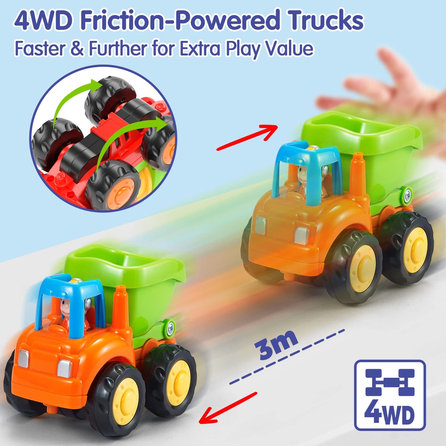 HOLA Toys for 1 Year Old Boy Birthday Gift - 4 PCS Toy Trucks Toddler Boy Toys, 4WD Friction Power Car Toys for 2 Year Old Boy T