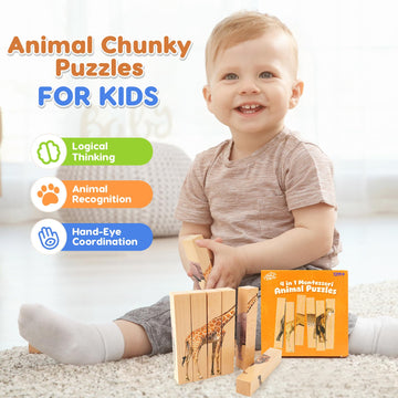 Wooden Puzzles For Toddlers 1-3: Animal Toddler Puzzles For 2-4 Years Old, Montessori Toys Learning Educational Chunky Puzzle, 4-In-1 Safari Animal Wooden Toys For Kids Baby Boys Girls Gifts