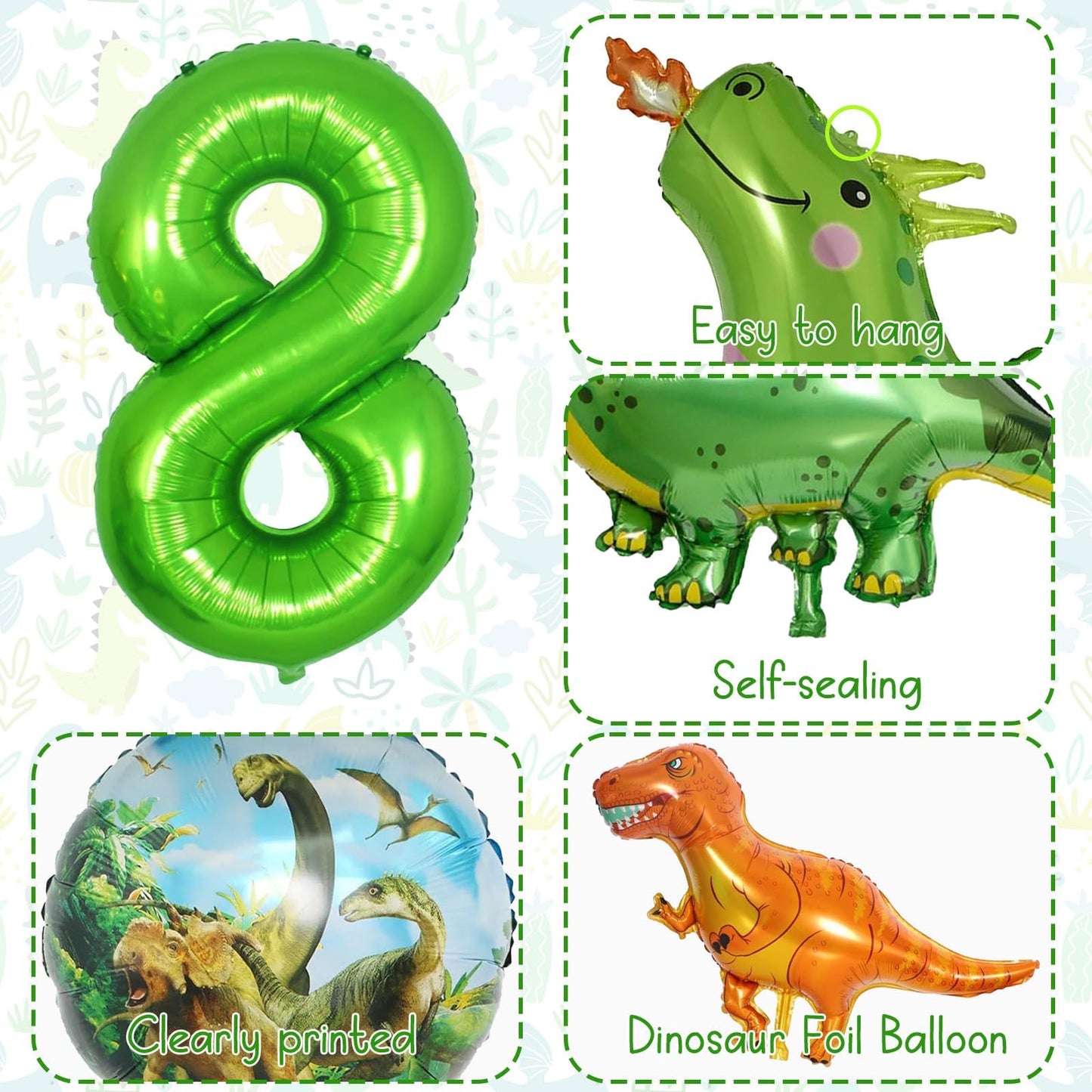 Dinosaur Balloons 8Th Birthday Decorations, Dinosaur Birthday Party Decorations With Giant Inflatable Dino Balloons 40 Inch Helium Foil Mylar Number 8 Balloons For Dino Theme Birthday Party Decoration