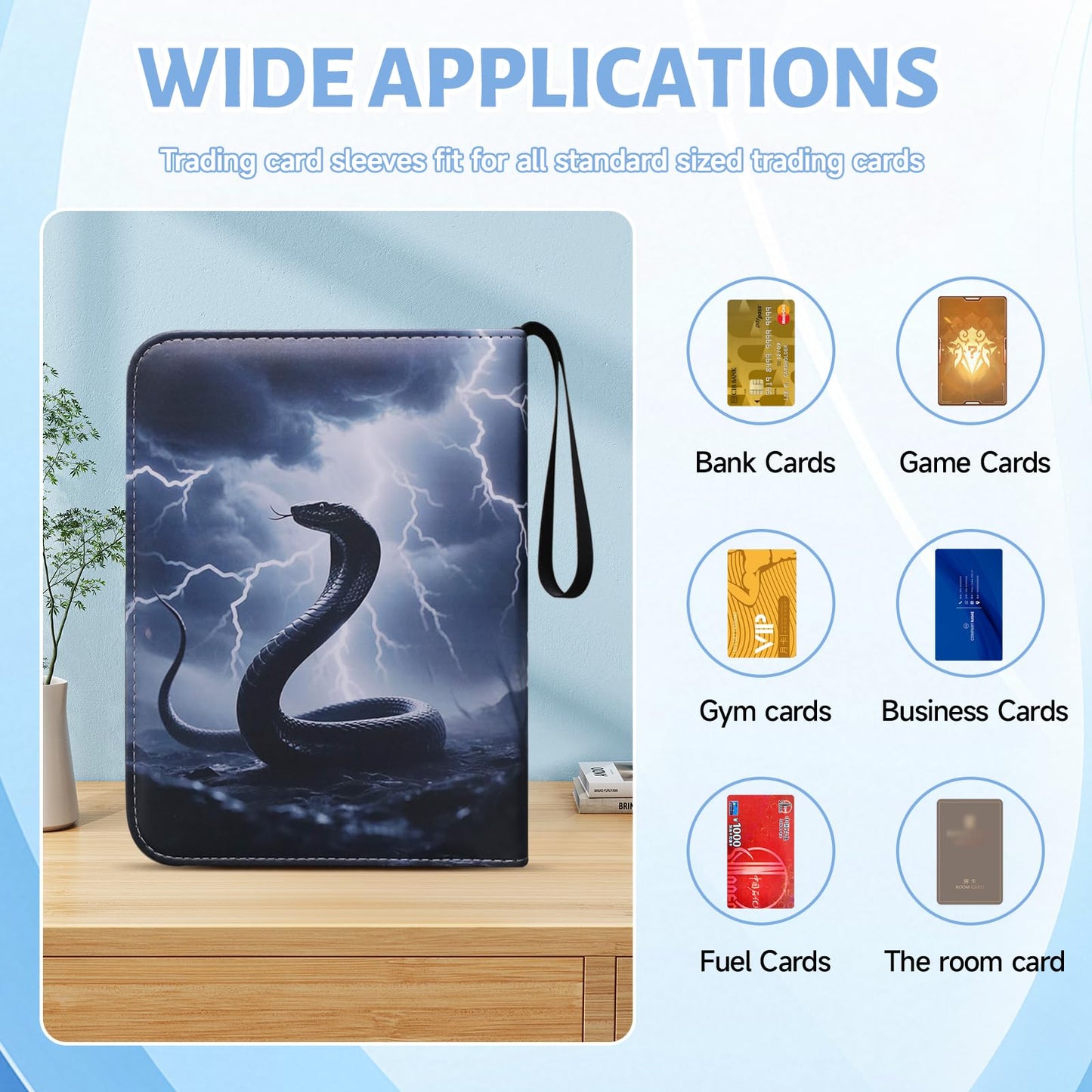 Sihdnok Trading Card Binder  enhanced 4-Pocket Album with 400 Removable Side-Loading Sleeves  PU Waterproof  Cool Black Serpent Cover  Gray Holder for Game  Sports  Business  and Coupon Cards