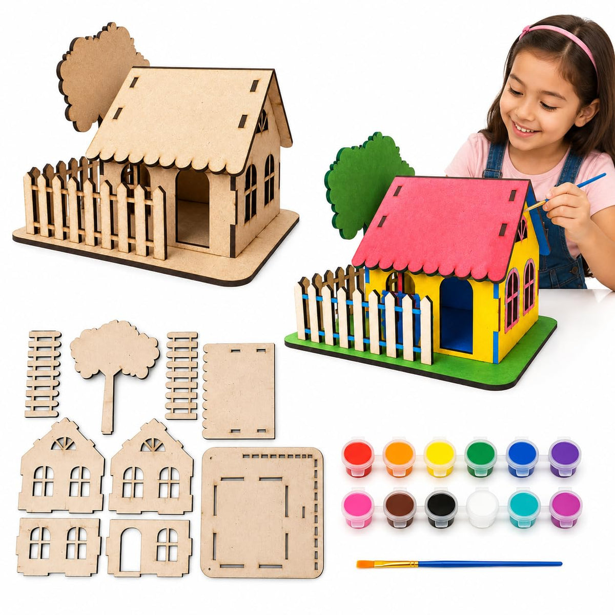 Pvb Diy Wooden House Craft Kit, Build, Assemble, Paint And Colour Your Own House Model, Educational Art And Craft Activity Toy F