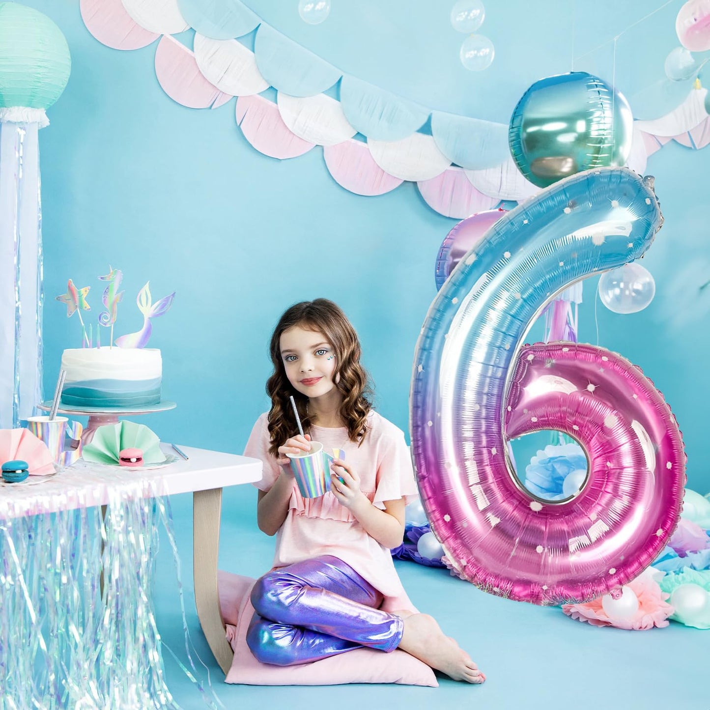 40 Inch Balloon Number 6 Blue Pink, Large Foil Mermaid 6 Balloons Number For Women, Starry Rainbow Globos De Numero 6 Helium Bal