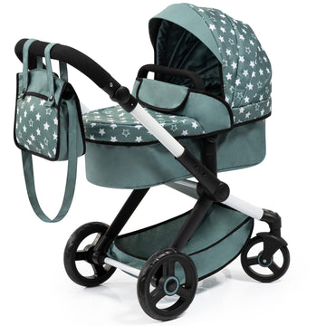 Bayer Design Dolls: Pram Xeo: Stars Green & White - Matching Handbag, Adjustable Handle, For Dolls Up To 20'', Ages 3+