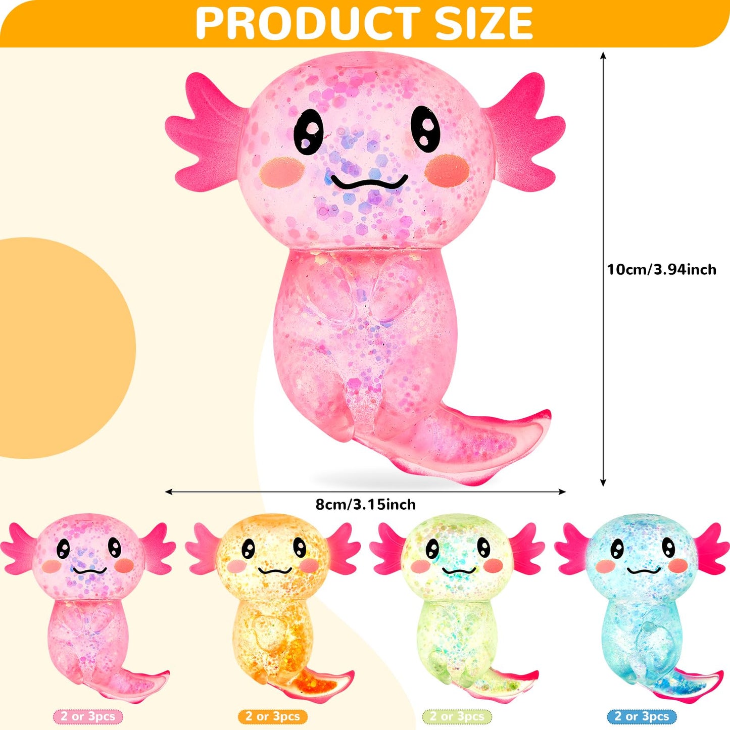 Simgoing Sensory Fidget Stress Relief Axolotl Squeeze 3.94 X 3.15 Inches Cute Malt Sugar Filled Stretchy Axolotl Fun Squeeze For Adults Soothing Birthday Party Gift, 4 Styles(6 Pcs,Glitter)