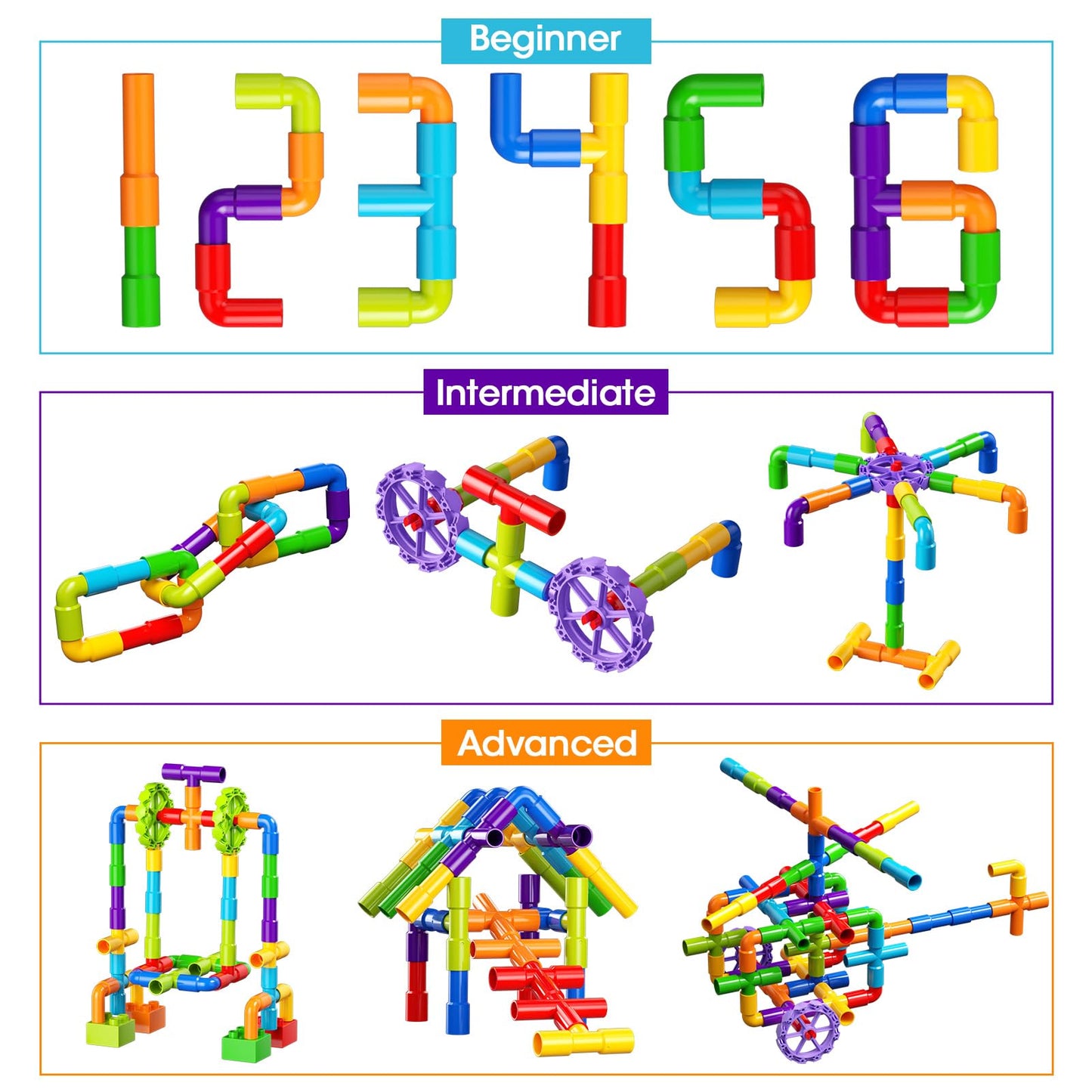Burgkidz Stem Learning Pipe Tube Toy, Sensory Toys, Tube Locks Construction Building Blocks, Educational Stem Building Learning Toys With Wheels Baseplate For All Ages Kids Boys Girls, 188 Pcs