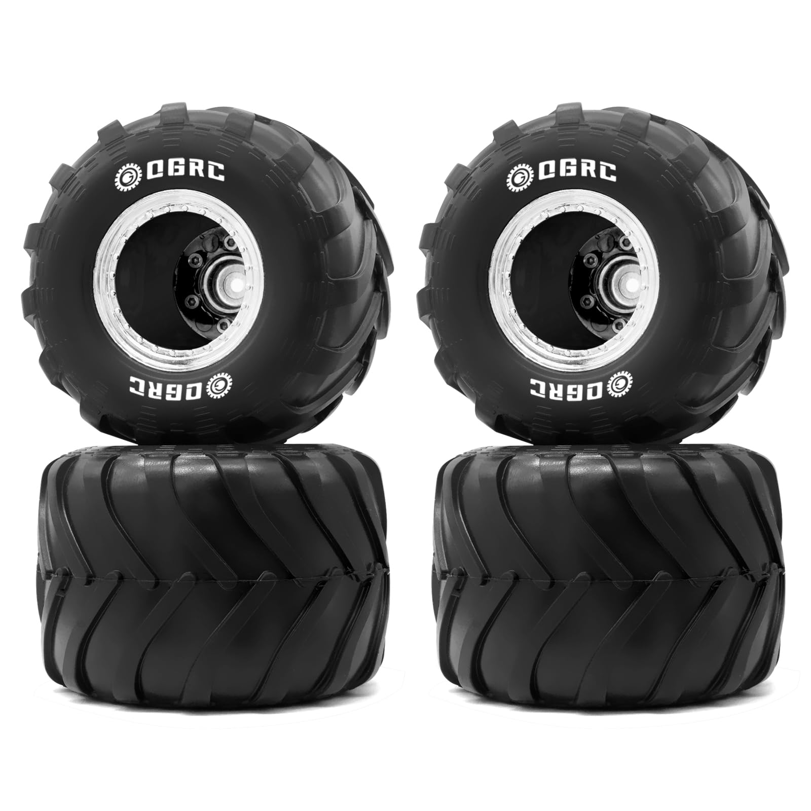 OGRC 1.0 RC Monster Truck Wheel Rim Tires Set for FCX24 SCX24 C10 JLU Deadbolt Gladiator Bronco 1/24 Crawler Car (Silver)