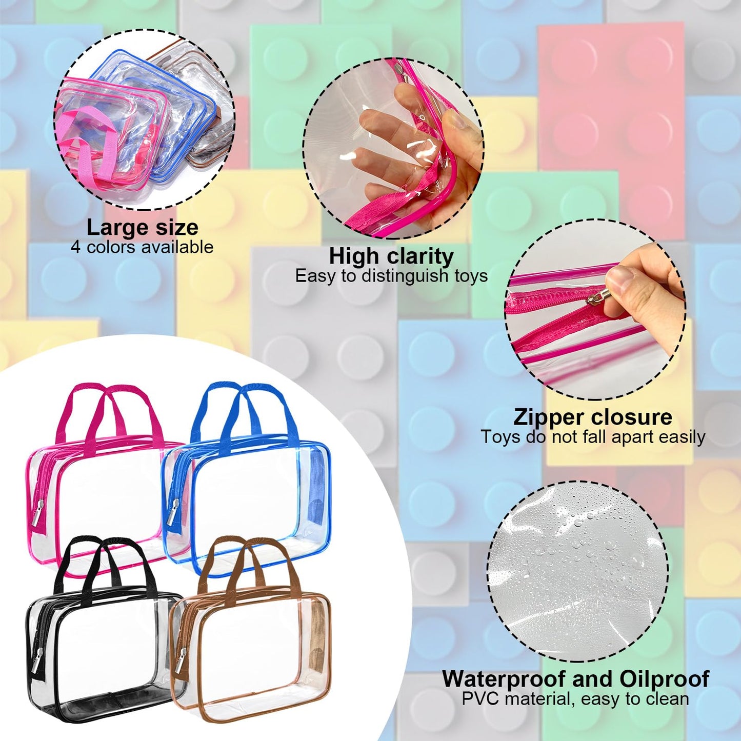 8 Packs Colorful Pvc Toy Storage Bags Toiletry Bags Waterproof Kids Zippered Toy Organizing Bags For Building Blocks Puzzle Stat