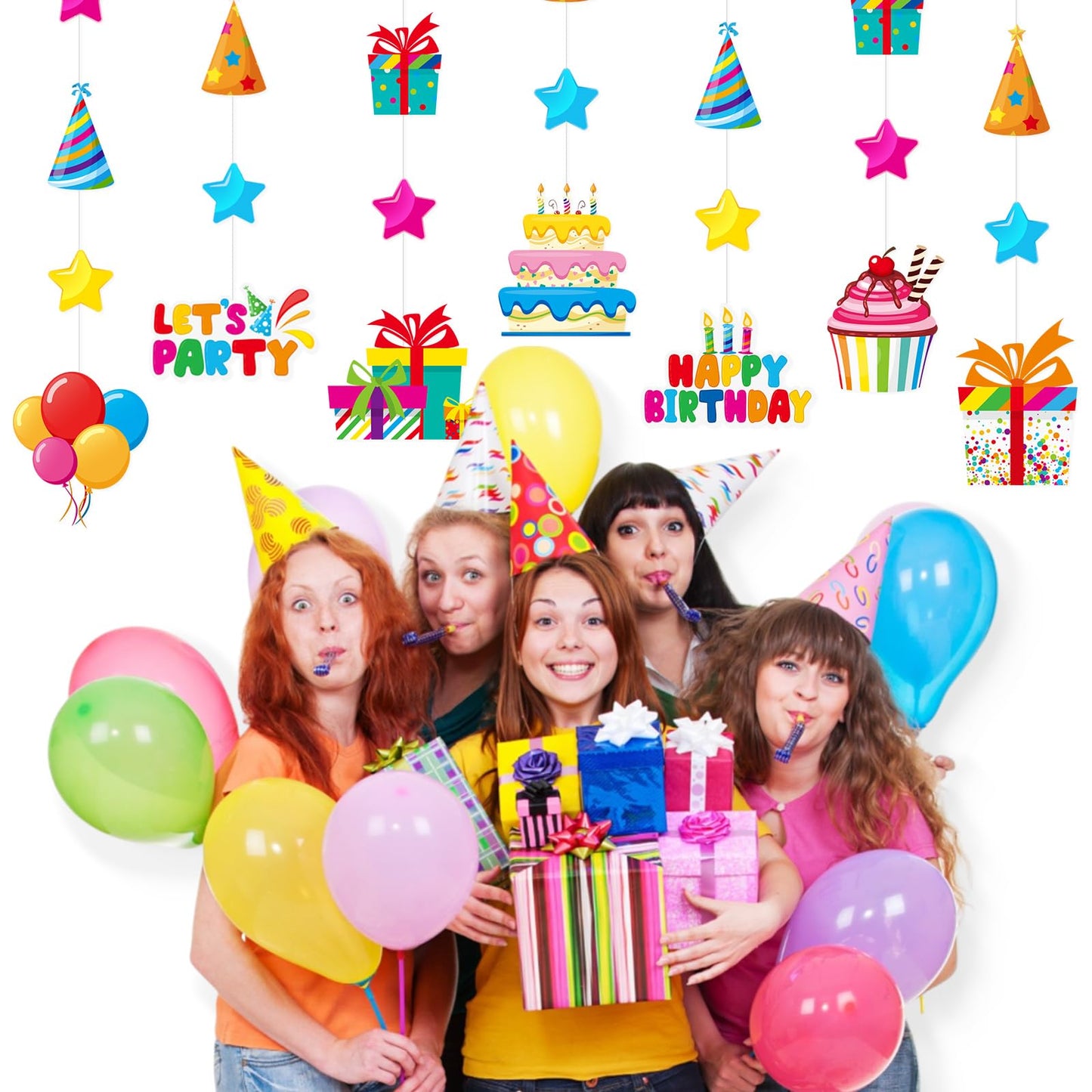 Daifunli 8 Pcs Happy Birthday Party Decorations Lets Party Garland Streamers Colorful Rainbow Birthday Theme Hanging Paper Cuto