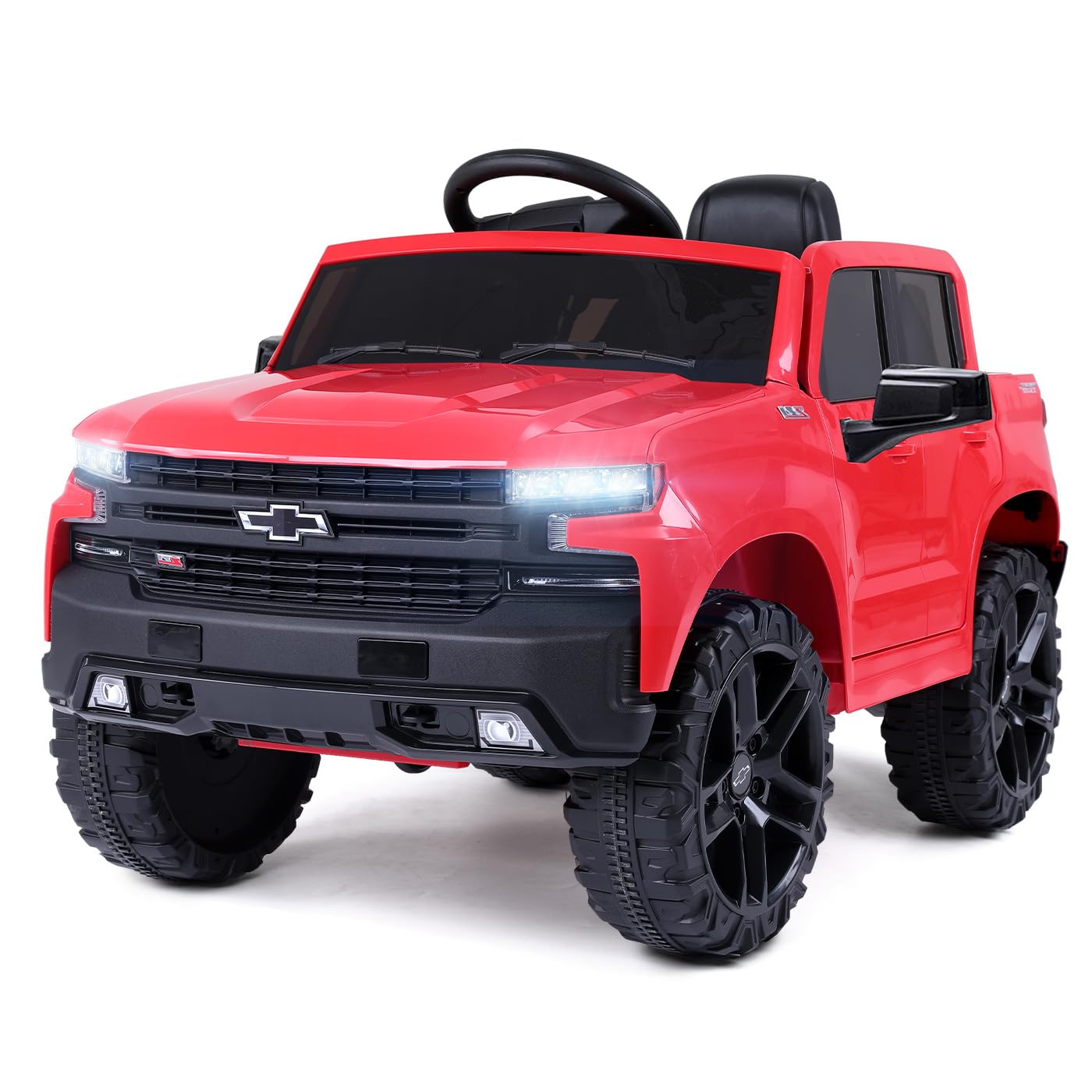 FUNTOK Licensed Chevrolet Silverado Ride On Pickup Truck, 12V Electric Car for Kids w/Parent Remote Control, Truck Bed Storage, 