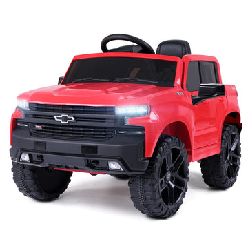 FUNTOK Licensed Chevrolet Silverado Ride On Pickup Truck, 12V Electric Car for Kids w/Parent Remote Control, Truck Bed Storage, 