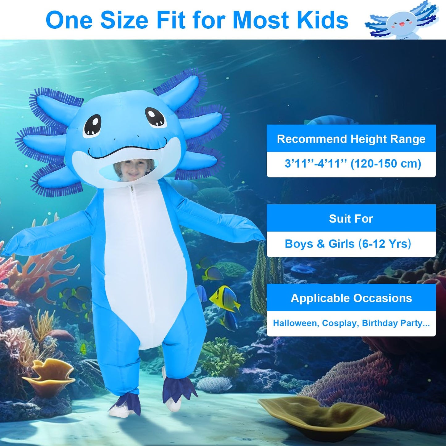 Stegosaurus Inflatable Axolotl Costume for Kids Halloween Kid Blow Up Costume Deluxe Blue Costumes for Girls Boys Cosplay Party