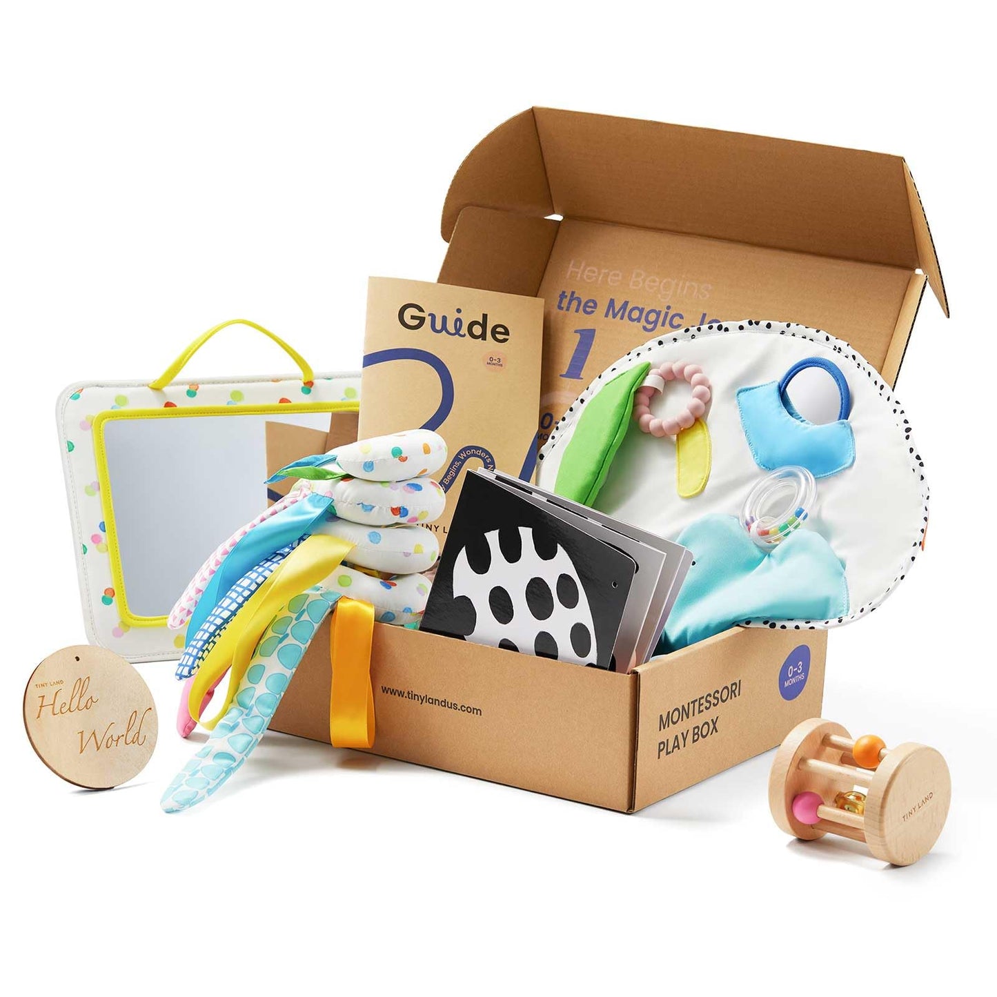 Tiny Land Montessori Baby Toy Set 0-3 Months Newborn Development Sensory Play Kit - 5-in-1 Mirror, Black & White Card Set, Rolli