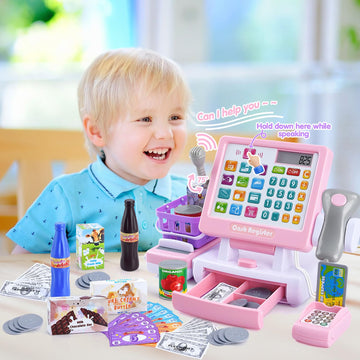 PLAY Kids Cash Register Toy - Pretend Play Calculator Register Toys with Microphone/Conveyors/Play Money/Scanner/Credit Card/Can