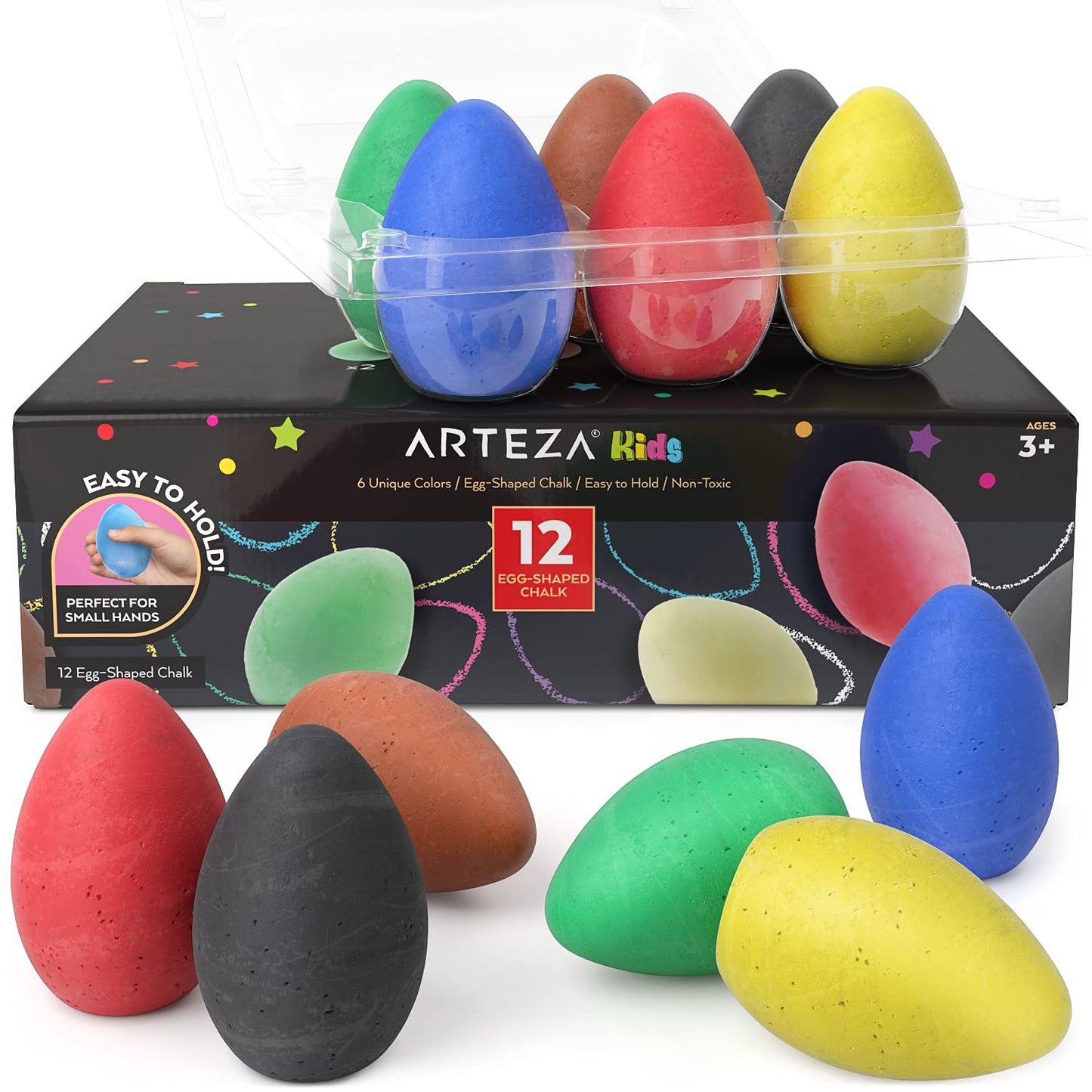 Arteza Kids Sidewalk Chalk, Set of 12, Easy-to-Hold Egg-Shaped Washable Chalk, Art Supplies for Spring and Summer Activities, Ou