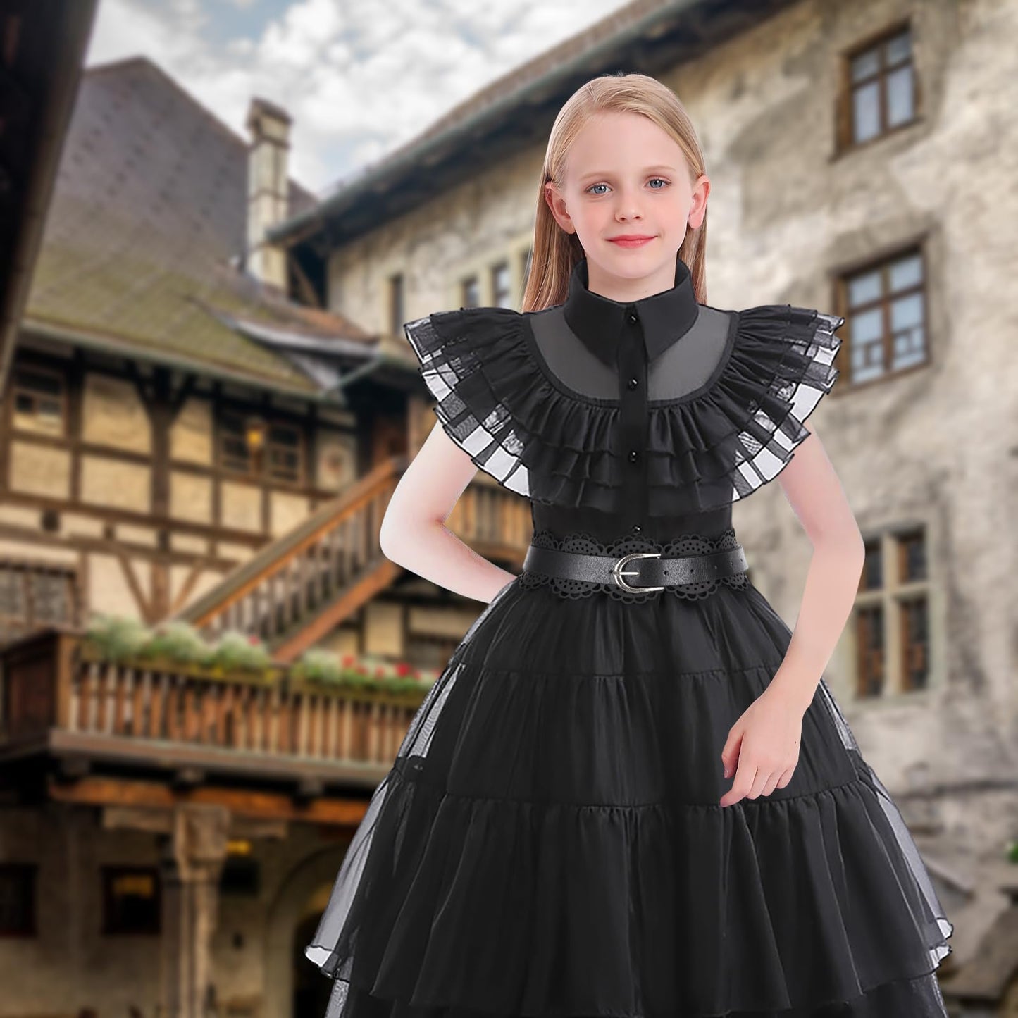 Cvnhmg Wednesday Costume Dress Kids Girls Black Cosplay Halloween Party Dress Up Gothic Costume With Accessories