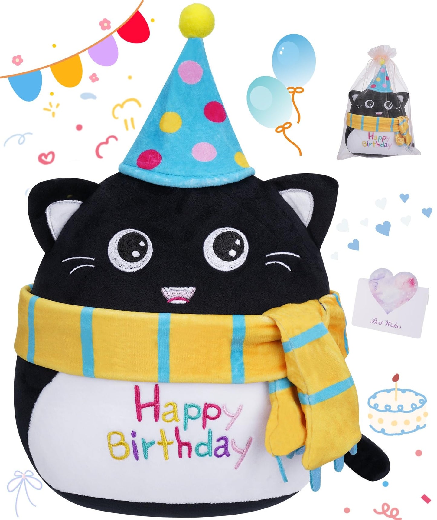Stuffed Cat Birthday Plush Gift - Adorable Black Cat Stuffed Doll, Cute Birthday Hat And Scarf, Soft Huggable For Kids, Cute Dec