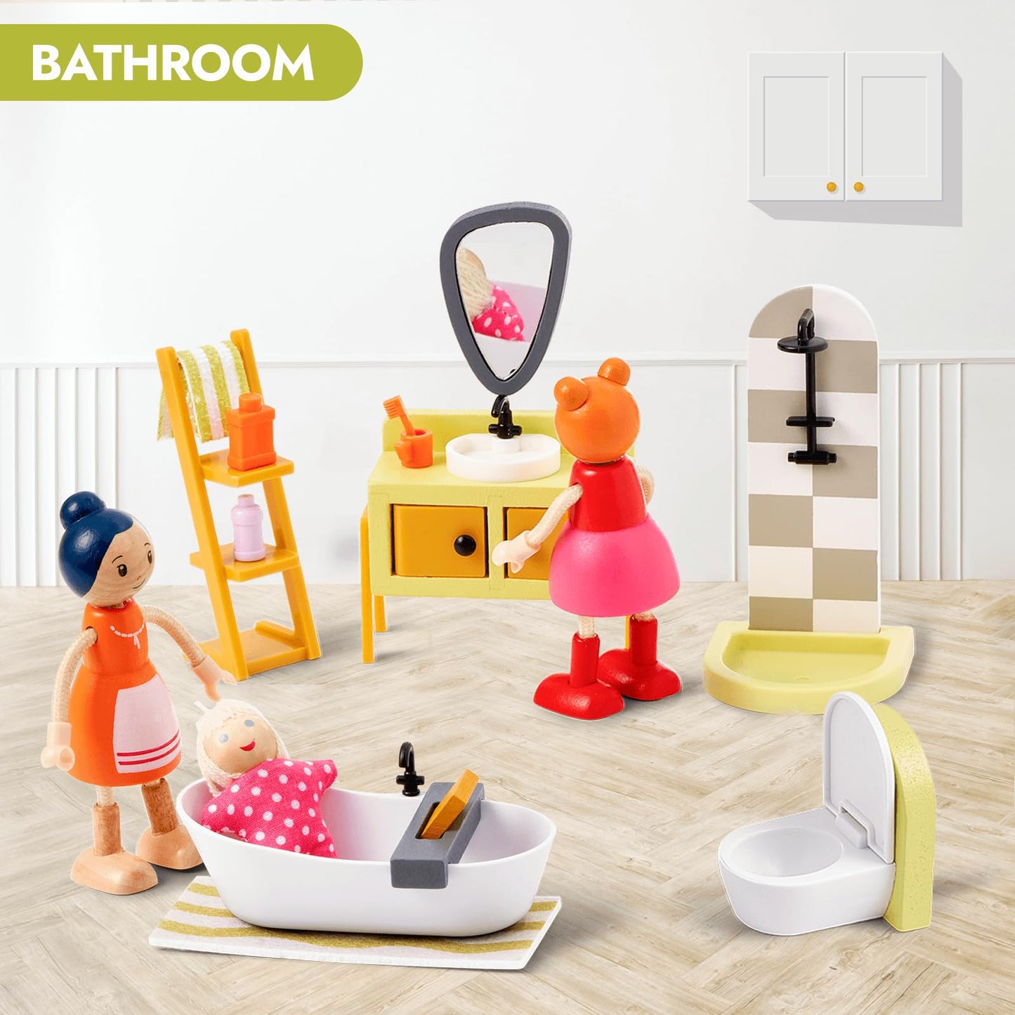 Giant Bean 37Pcs Green Wooden Plastic Dollhouse Furniture Kitchen And Bathroom Set, Modern Wood Dollhouse Accessories Pretend Play Furniture Toys For Boys Girls Toddlers & Kids 3+