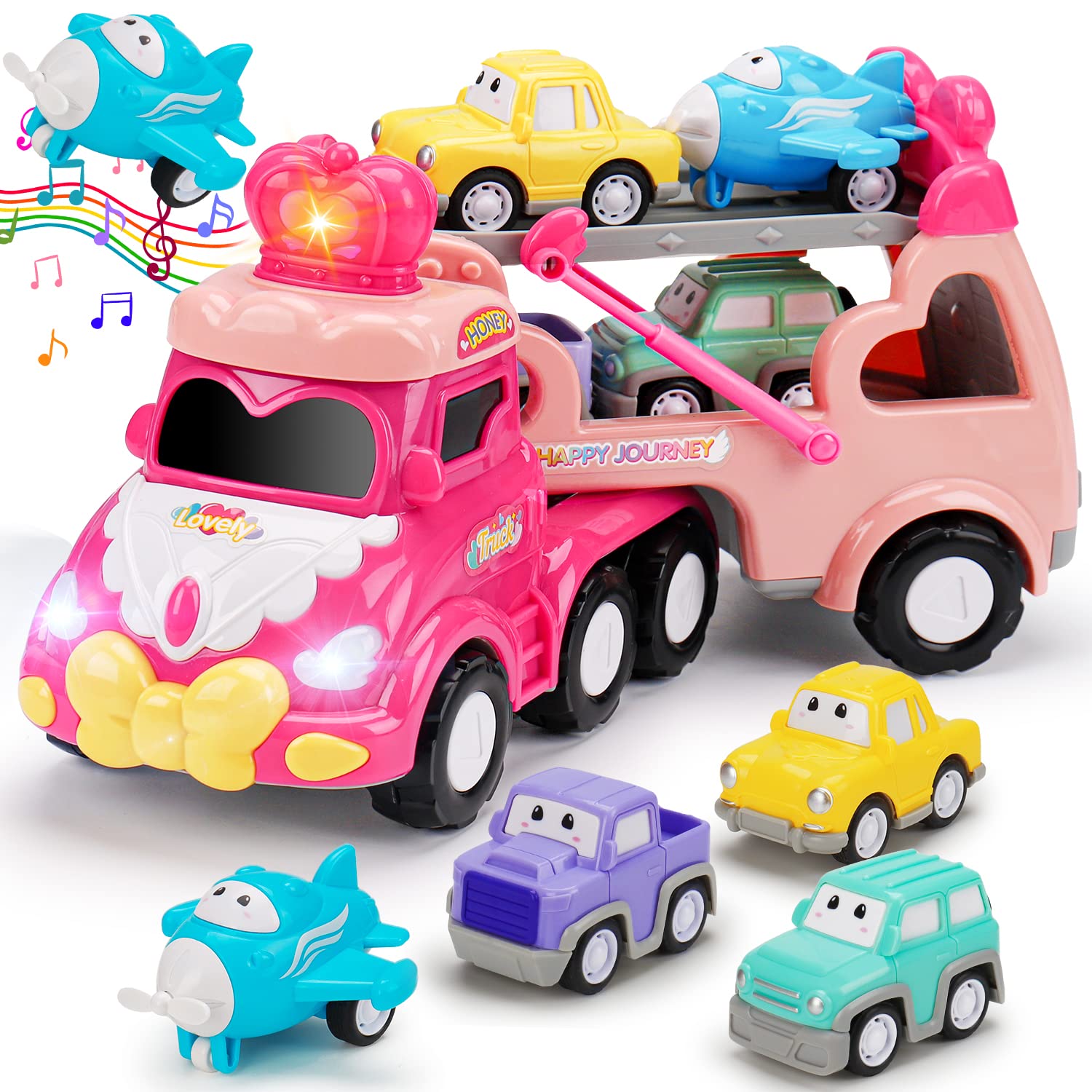 Toddler Car Toys for 1 2 3 4 Year Old Girl Birthday Gifts 5-in-1 Pink Princess Transport Carrier Trucks for Toddlers 1-3 with Li
