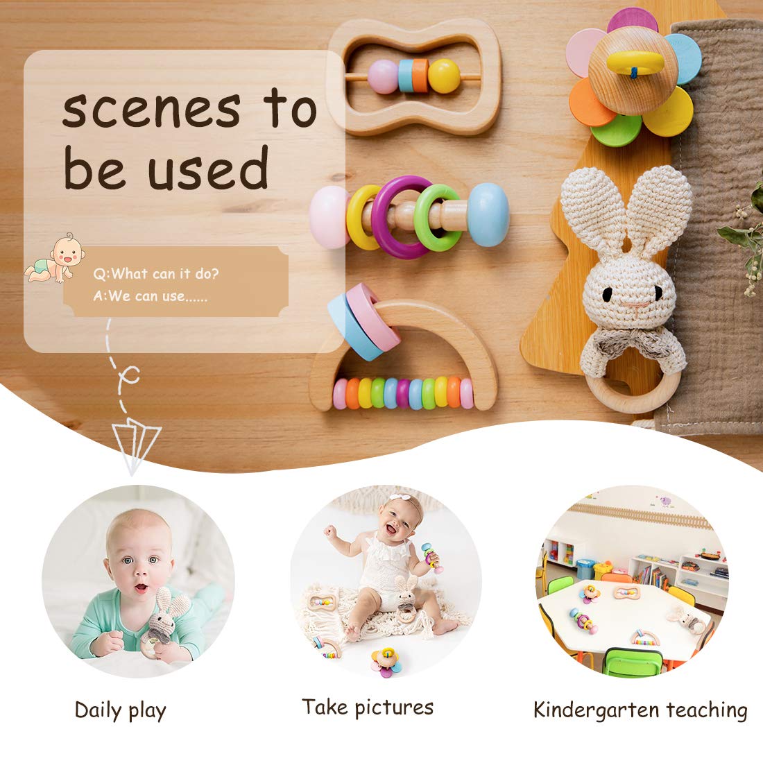 Wooden Baby Rattle Toys 5 Pcs Rattle Set For Babies 0-6-12 Months Bunny Crochet Rattle Ring With Gift Box Wooden Montessori Toy For Newborn Infant Baby
