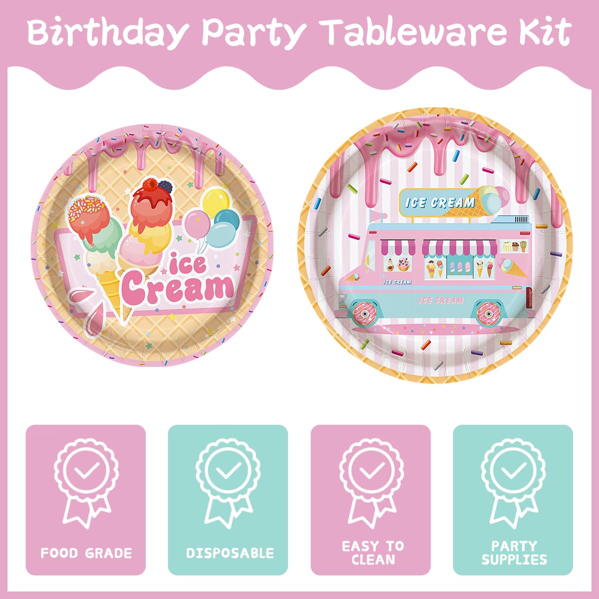 Ice Cream Party Supplies Summer Birthday Disposable Tableware Set Pink Plates Napkins Cups Birthday Party Dinnerware For 24 Gues