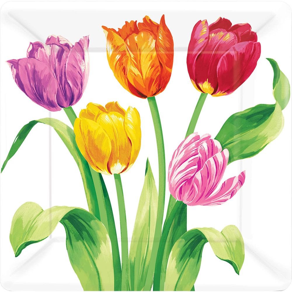 Amscan Bright Tulips Square Plate, 10, Multicolor