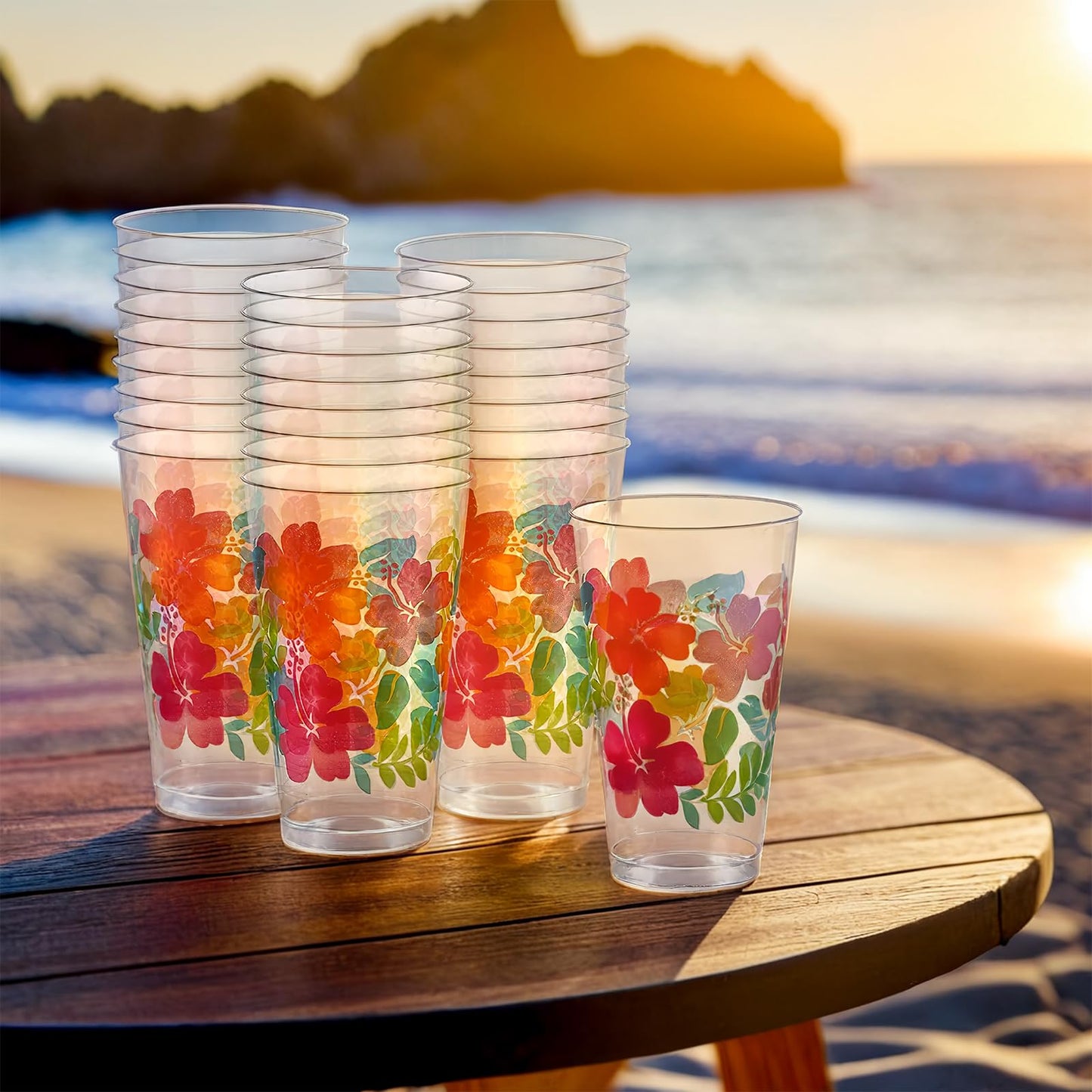 Clear With Multicolor Hibiscus Print Plastic Tumblers - 16 Oz (Pack Of 26) - Perfect For Parties & Tropical-Themed Events