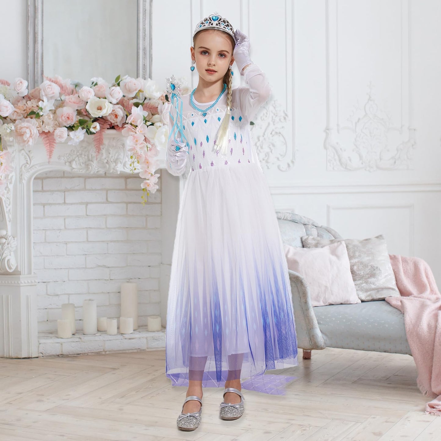 Jeroesja Princess Dresses For Girls - Classy Queen Of Snow Princess Costume With Accessories - Dress Up Clothes For Halloween