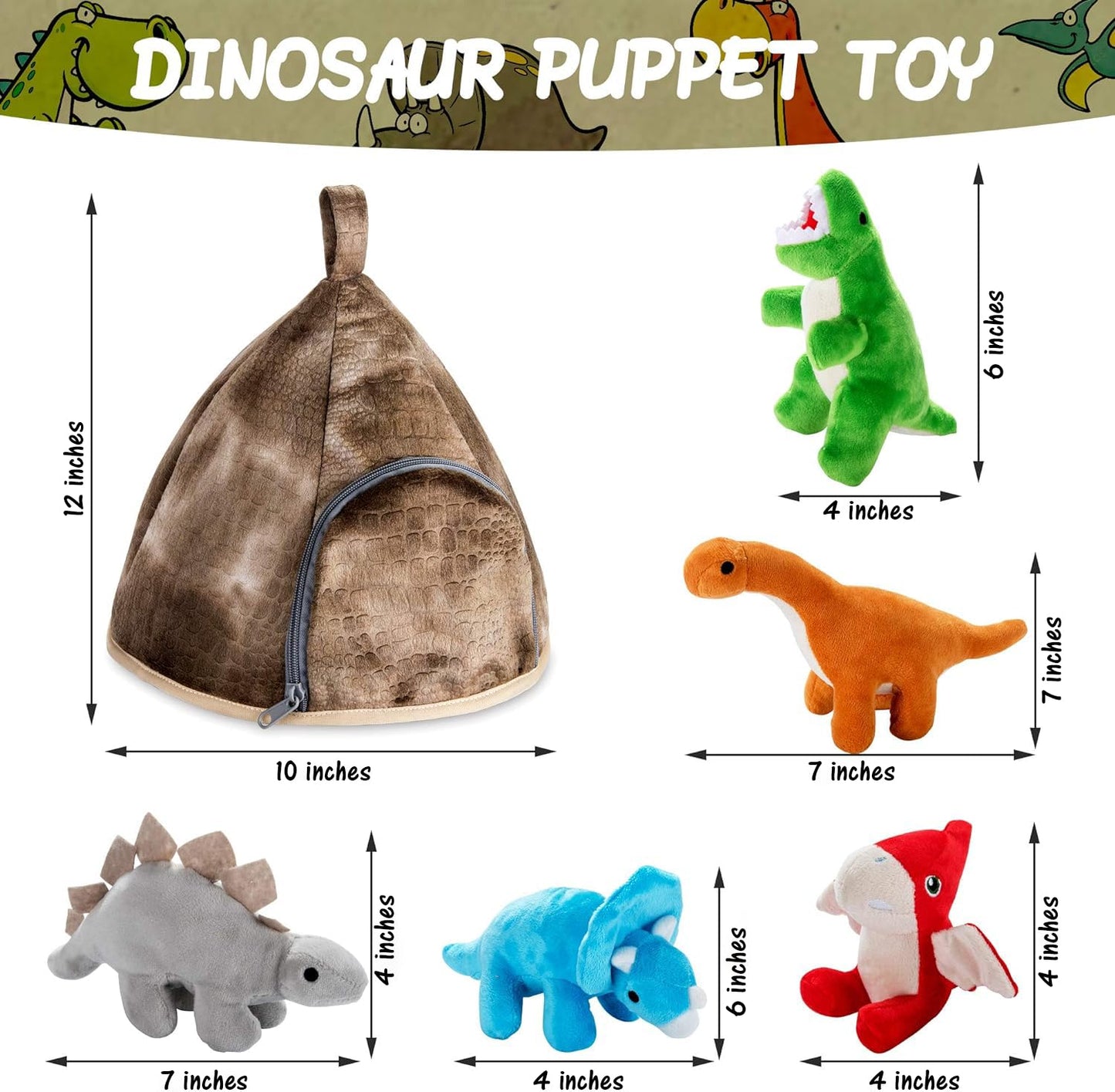 PASSIONFRUIT Dinosaur Stuffed Toy Set - 5 Plush Dinosaurs with Volcano Carry Bag - Bright, Vibrant Polyester Toys for Toddlers