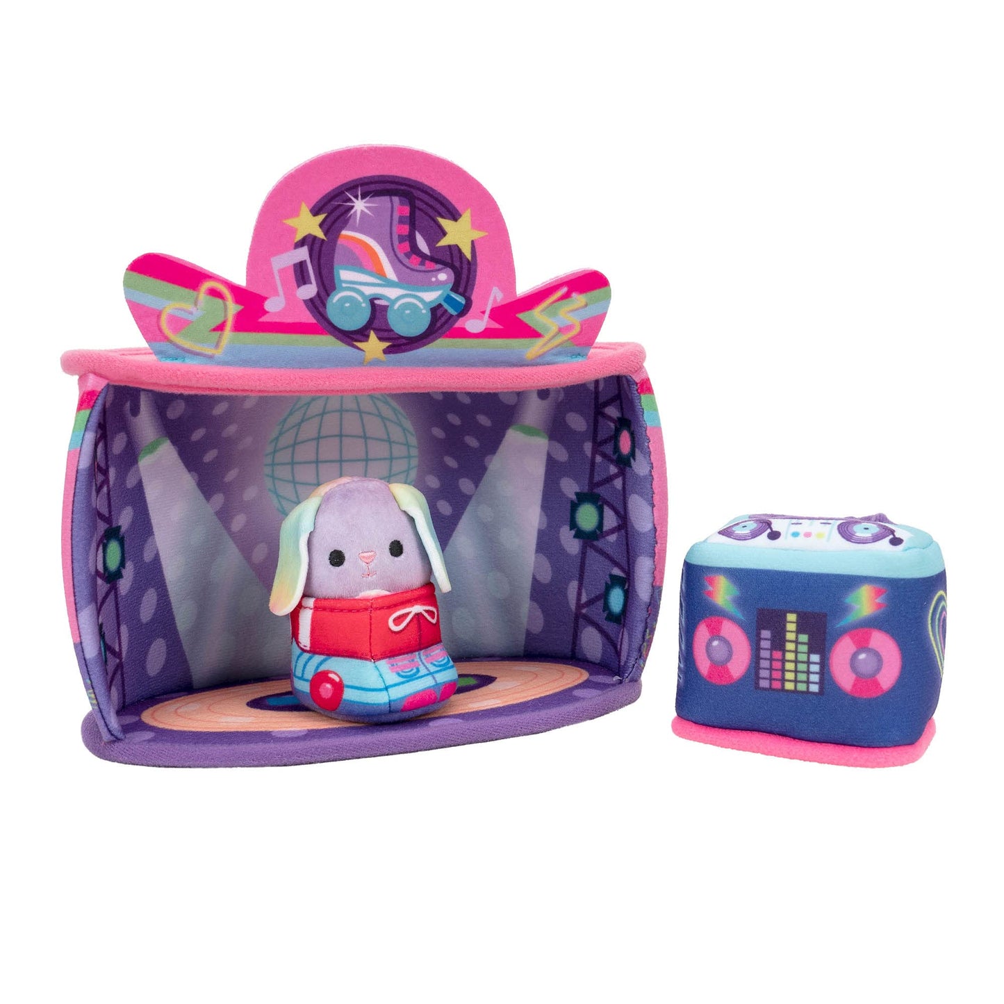 Squishville Rock and Roller Disco Playset - 2-Inch Danya The Bunny Plush, DJ Booth, Skating Rink - Style 3, Polyester