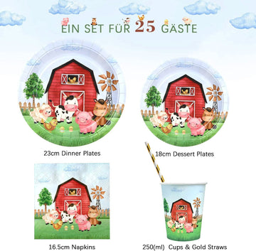 Watercolor Farm Birthday Party Supplies Plates Set For 25 Guests,125 Pieces Paper Plates Napkins Cups Dinnerware For Barnyard Fa