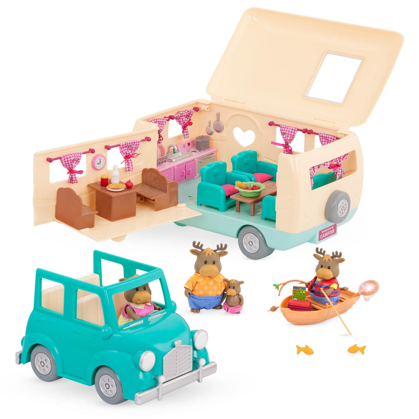 Li'l Woodzeez Happy Camper Playset - 53 Pcs Moose Family RV Toy, Multicolor, Plastic, Model WZ6782Z, Gift for Kids Age 3+