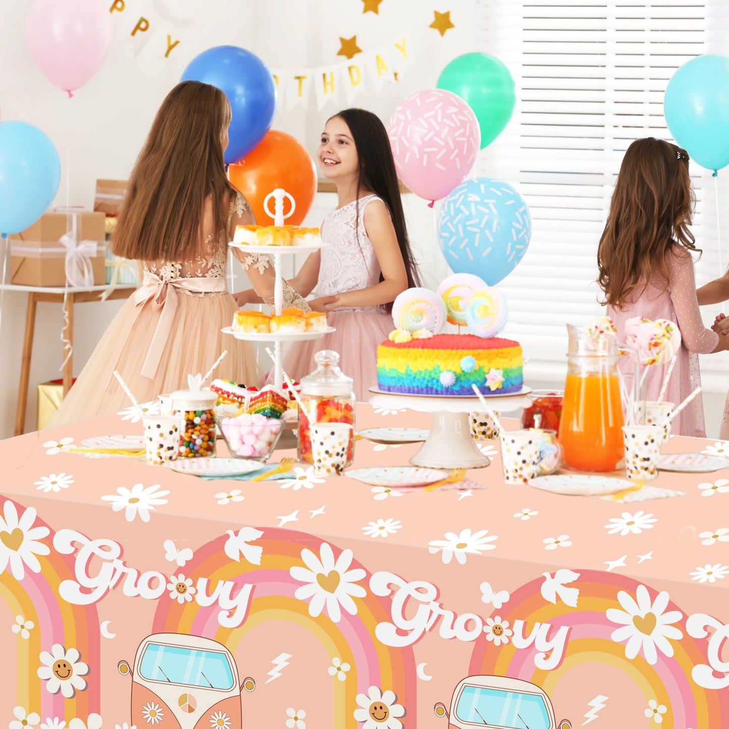 3Pcs Groovy Themed Tablecloths-Groovy Party Supplies Hippie Rainbow Rectangular Plastic Table Covers Daisy Groovy Themed For Gir