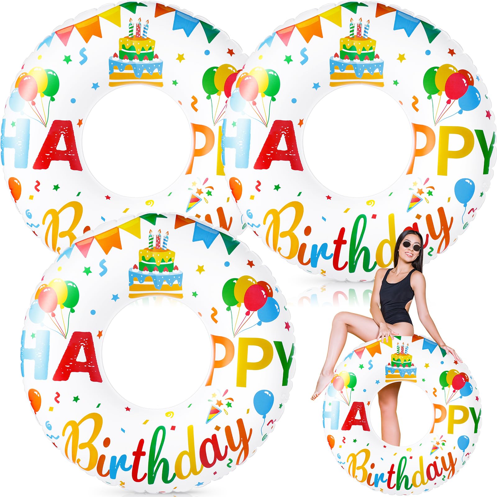 Leyndo 3 Pcs Happy Birthday Inflatable Pool Float Tube 47.24 Inch Jumbo Pool Float Birthday Party Swimming Tube Happy Birthday S