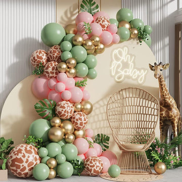 Pink Jungle Safari Balloon Garland Arch Kit 145Pcs Sage Green And Pink Giraffe Animal Print Balloons For Woodland Girls Baby Sho
