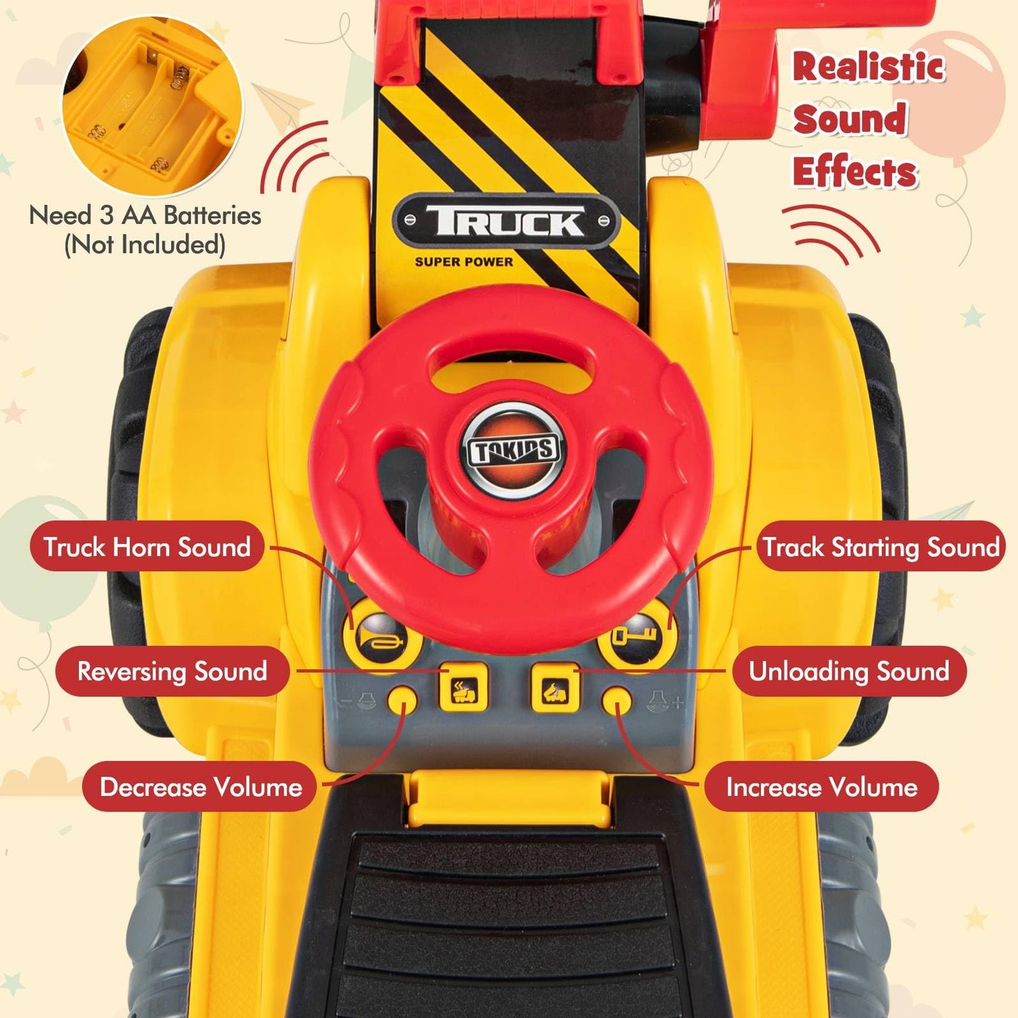 Honey Joy Ride On Excavator, No Power Ride On Construction Vehicles For Kids, Helmet, 3 Toy Rocks, Adjustable Bucket, Horn, Ride On Loader, Bulldozer Ride On Toy, Gift For Boys Girls