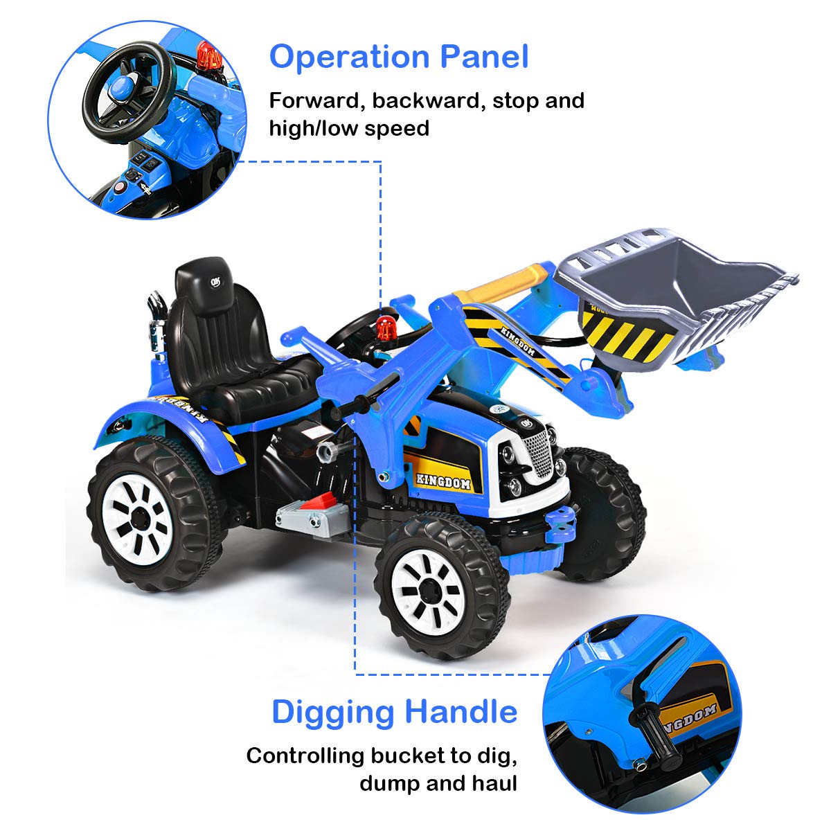 Costzon Ride On Excavator, 12V Battery Powered Construction Vehicles For Kids, Front Loader With Horn, 2 Speeds, Forward/Backward, Safety Belt,Treaded Wheels, Digger, Ride On Car (Blue)