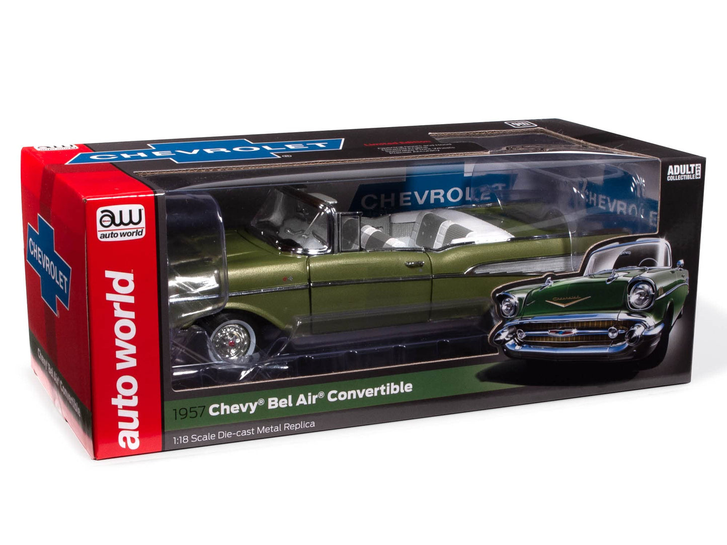 AW AUTO WORLD 1:18 Scale Diecast Model - 1957 Chevrolet Bel Air Convertible, Green, Plastic