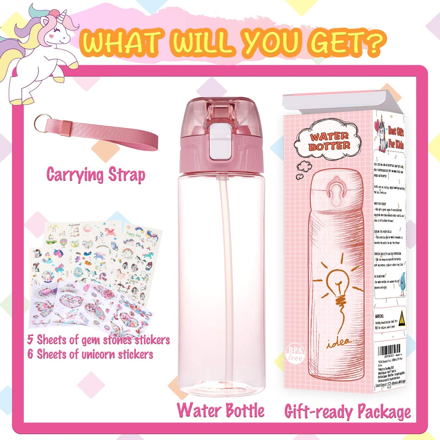 Y YOFUN Decorate Your Own Water Bottle with Tons of Glitter Gem & Unicorn Stickers, BPA Free Tritan Material, 20 oz, Kids Craft