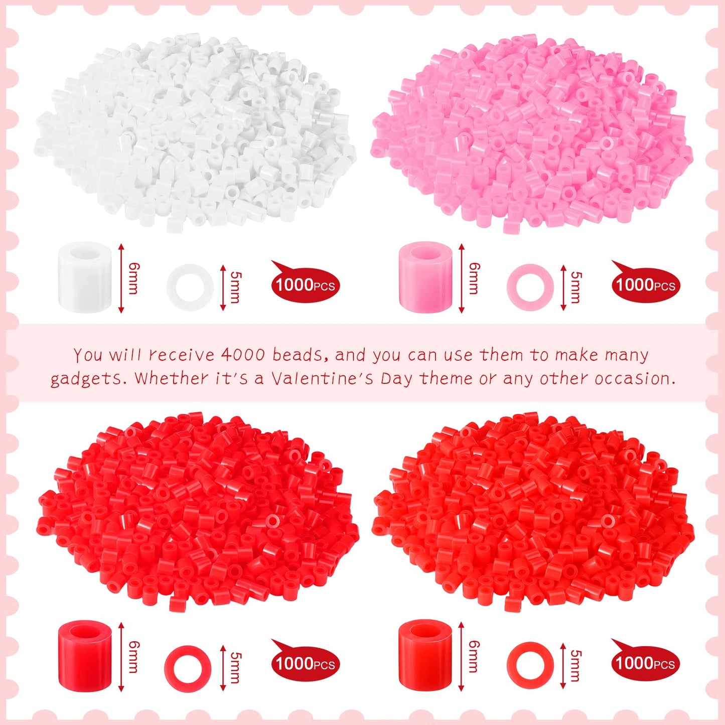 4000 Pieces Valentines Day Fuse Beads Craft Assorted Pink Red White Plastic Fuse Beads DIY Handmade Activity Kit for Valentines
