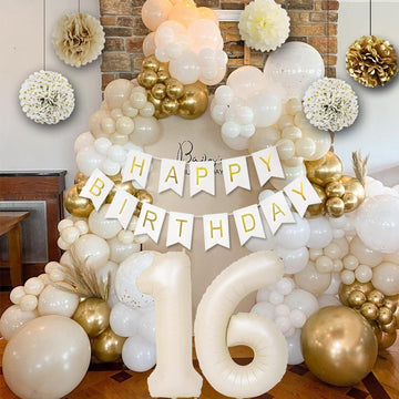 Sweet 16 Birthday Decorations, White And Gold 16Th Birthday Decorations For Girls Boy 16Th Happy Birthday Banner Tablecloth Frin