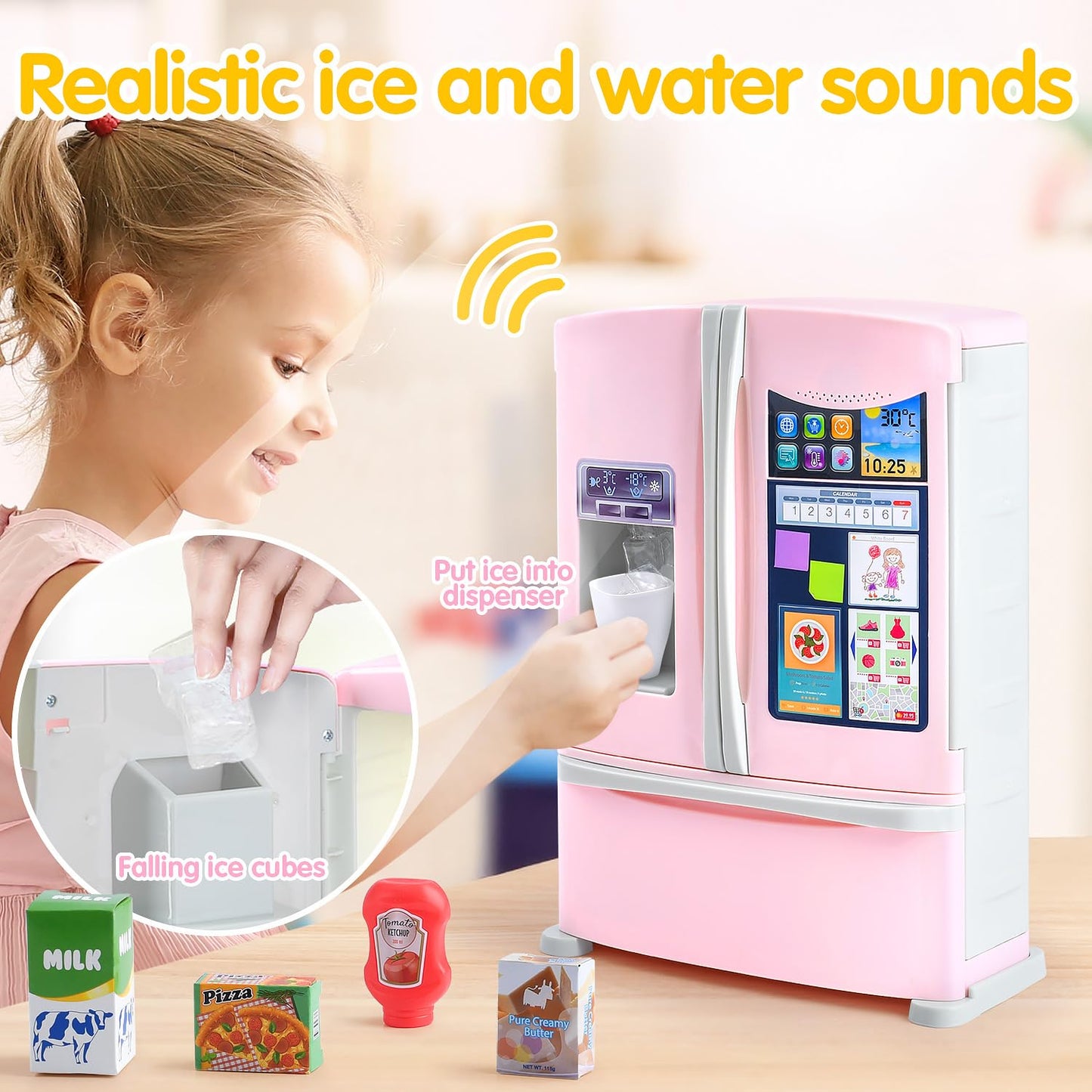 Play Kids Kitchen Refrigerator With Ice Dispenser, Pretend Kid Toy Fridge Kitchen Playset, Kitchen Appliance Accessories For Gir
