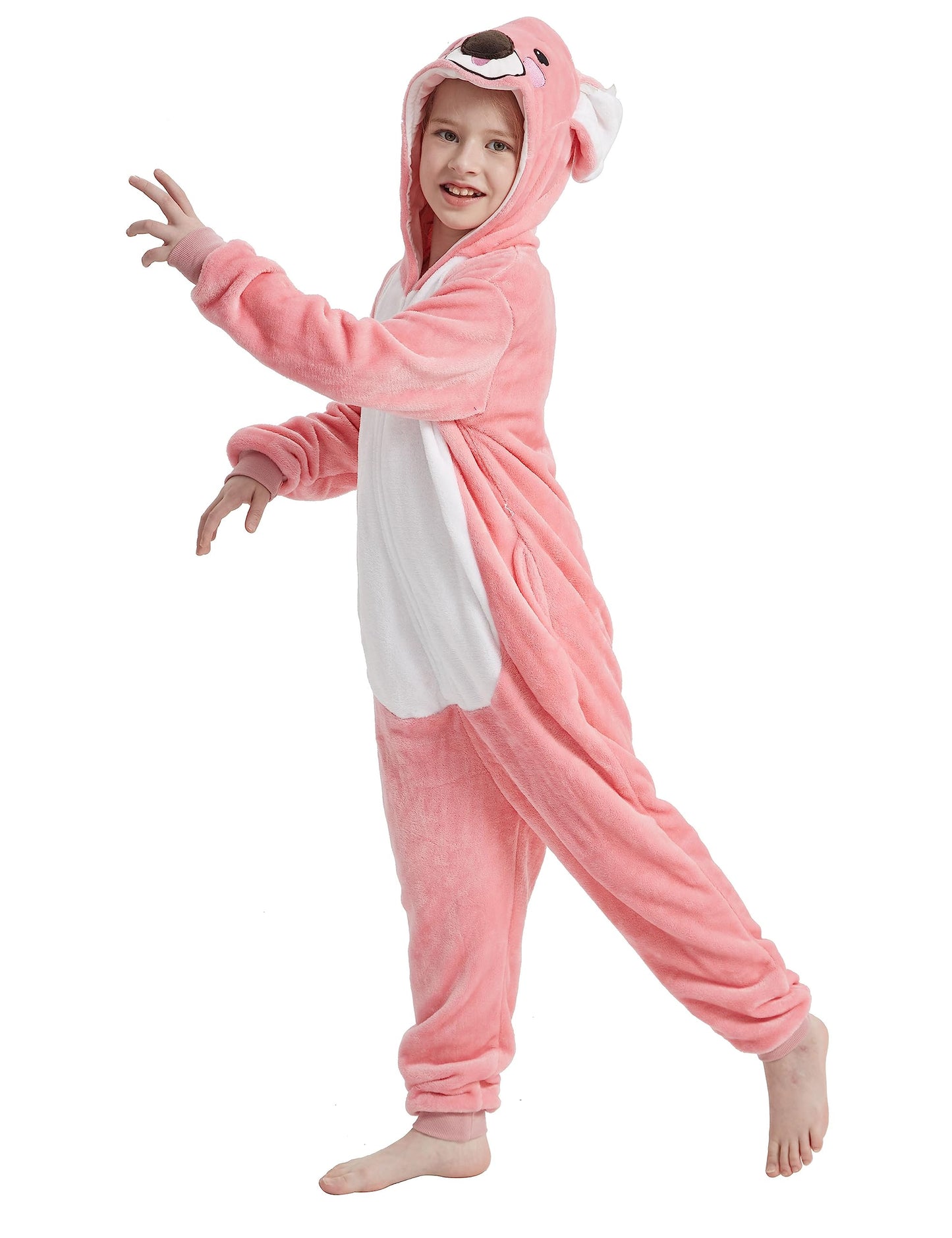 Acogna Onesie Kids Plush Animal Koala Costume One Piece Pajamas Girls Boys Teen Halloween Cosplay Sleepwear Pink 6-7 Years