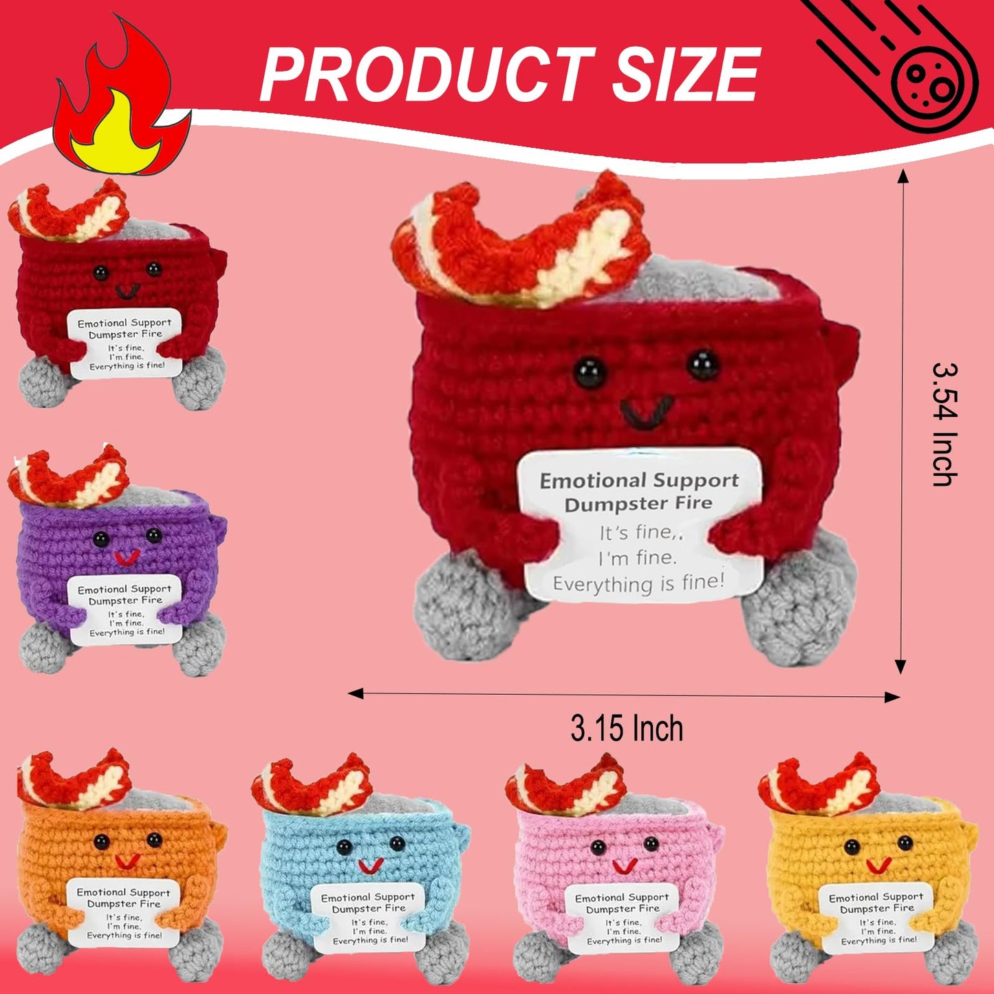 Emotional Support Dumpster Fire, Handmade Crochet Dumpster Fire Doll, with Encouragement Card, Desk Decor Gifts for Friends, Col