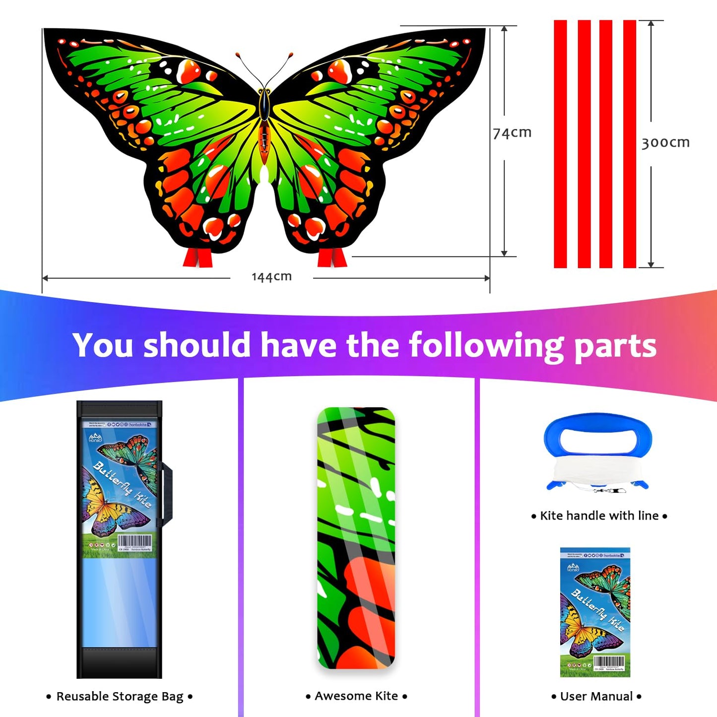 Honbo Rainbow Butterfly Kite For Adults,Single Line Kites For Kids Ages 4-8, Easy To Fly Kite With 200Ft Line And Kite Handle, Wonderful Kite For Beach, Park (Green)