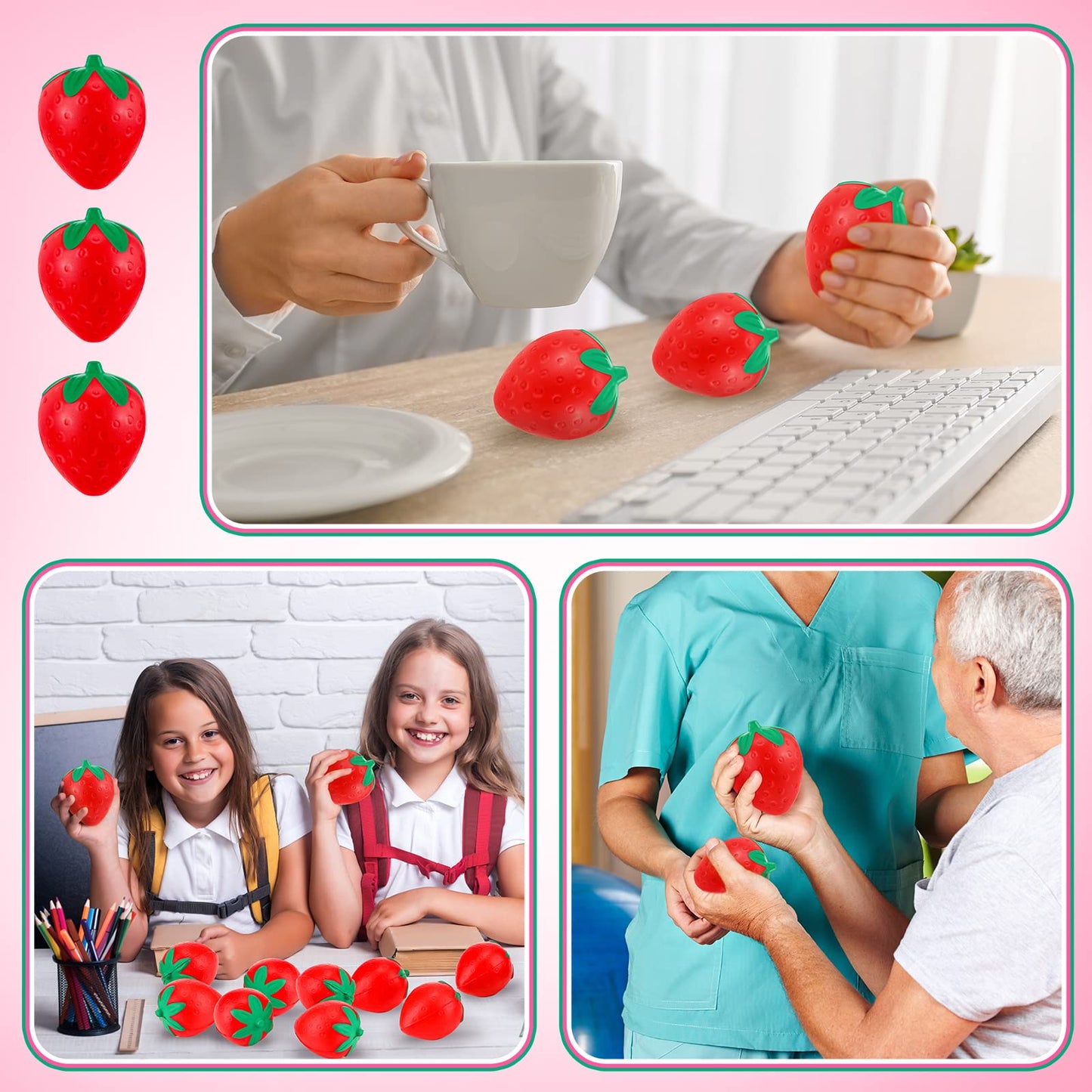 Geosar 24 Pcs 2 Inch Strawberry Stress Balls Mini Foam Strawberry Stretchy Toys Fruit Party Favor Stress Relief Fidget Toy With