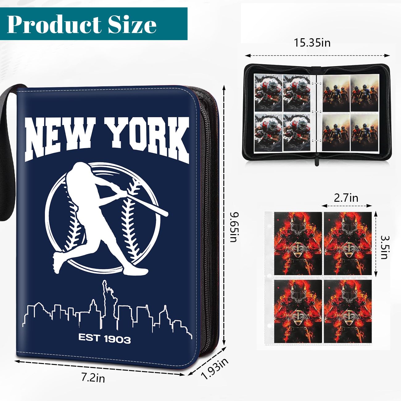 Baseball Card Binder  New York Trading Card Holder Protectors  4 Pocket Fits 400 Cards with 50 Removable Sleevesves Card Storage Album Folder Case Collector