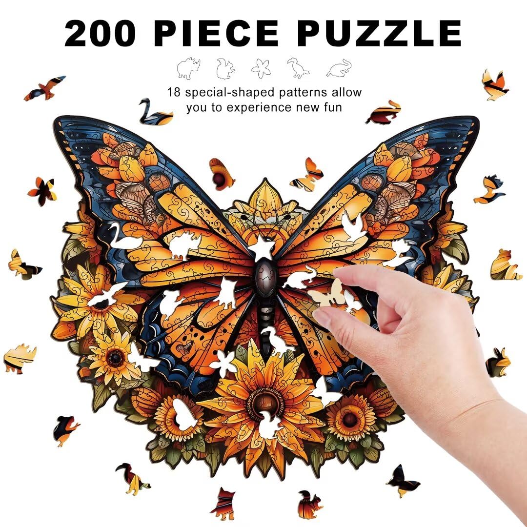 Wooden Puzzles for mature-themeds - 200 Pieces Butterfly Unique Shaped Wooden Jigsaw Puzzles for mature-themeds  Medium Size 10'' x 12'' mature-themed Wood Puzzles for Family Friend Game