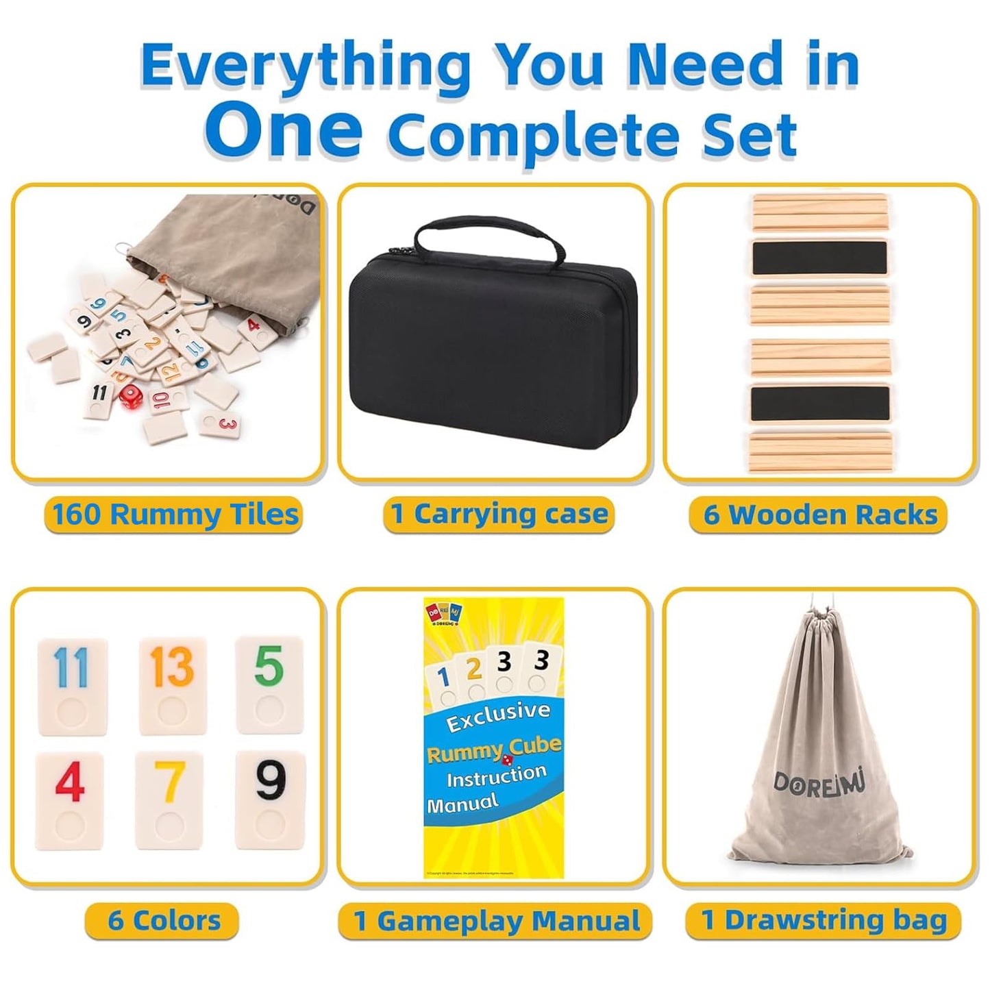 Doreimi Premium Rummy Cube Game Set - 6 Colors, 162 Tiles, Wooden Holders, Large Travel Board Game for Ages 8+, Gift for Family