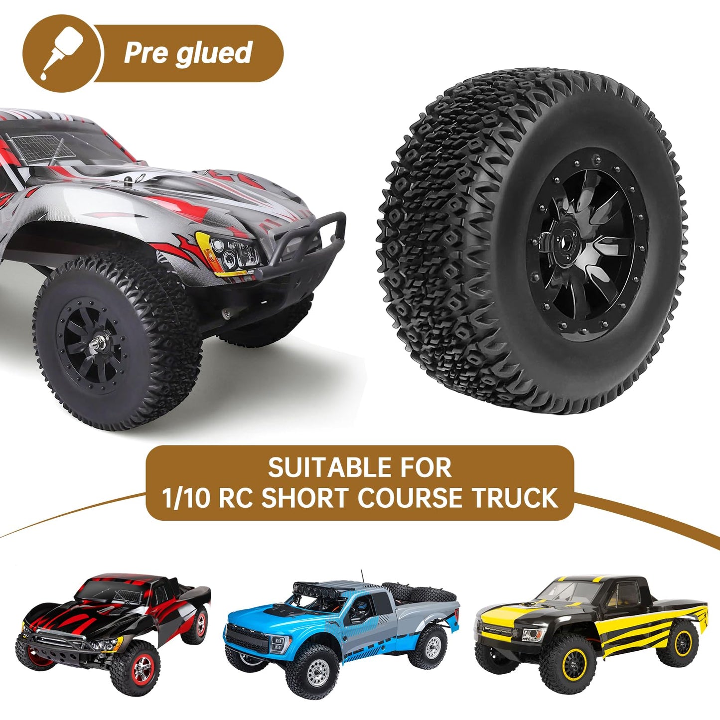 Hobbyfire Pre-Glued 12Mm Hex Rc Wheel Rim & Tires Set For 1/10 Rc Short Course Truck Traxxas Slash 2Wd 4X4 Hpi Tamiya Losi Sct R
